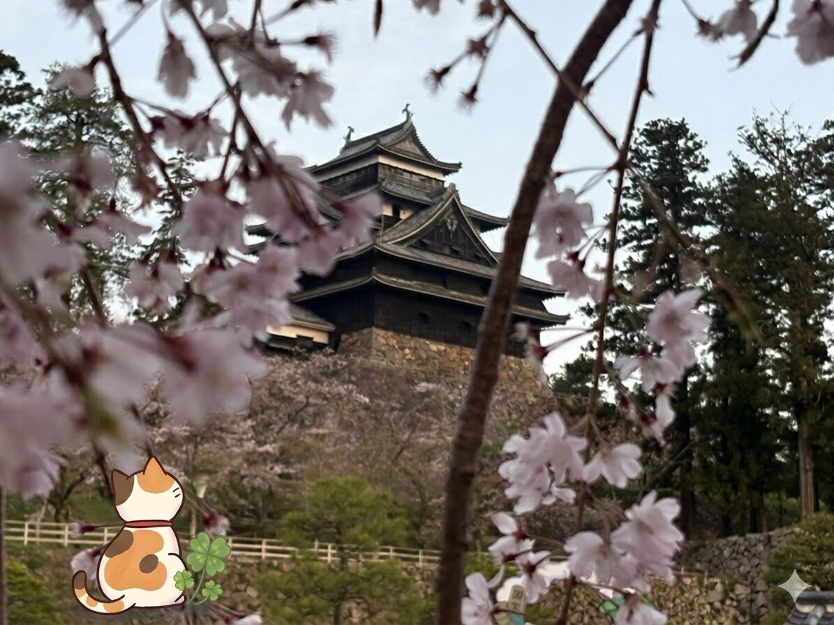 散り始めの桜越しに見える松江城とこまち